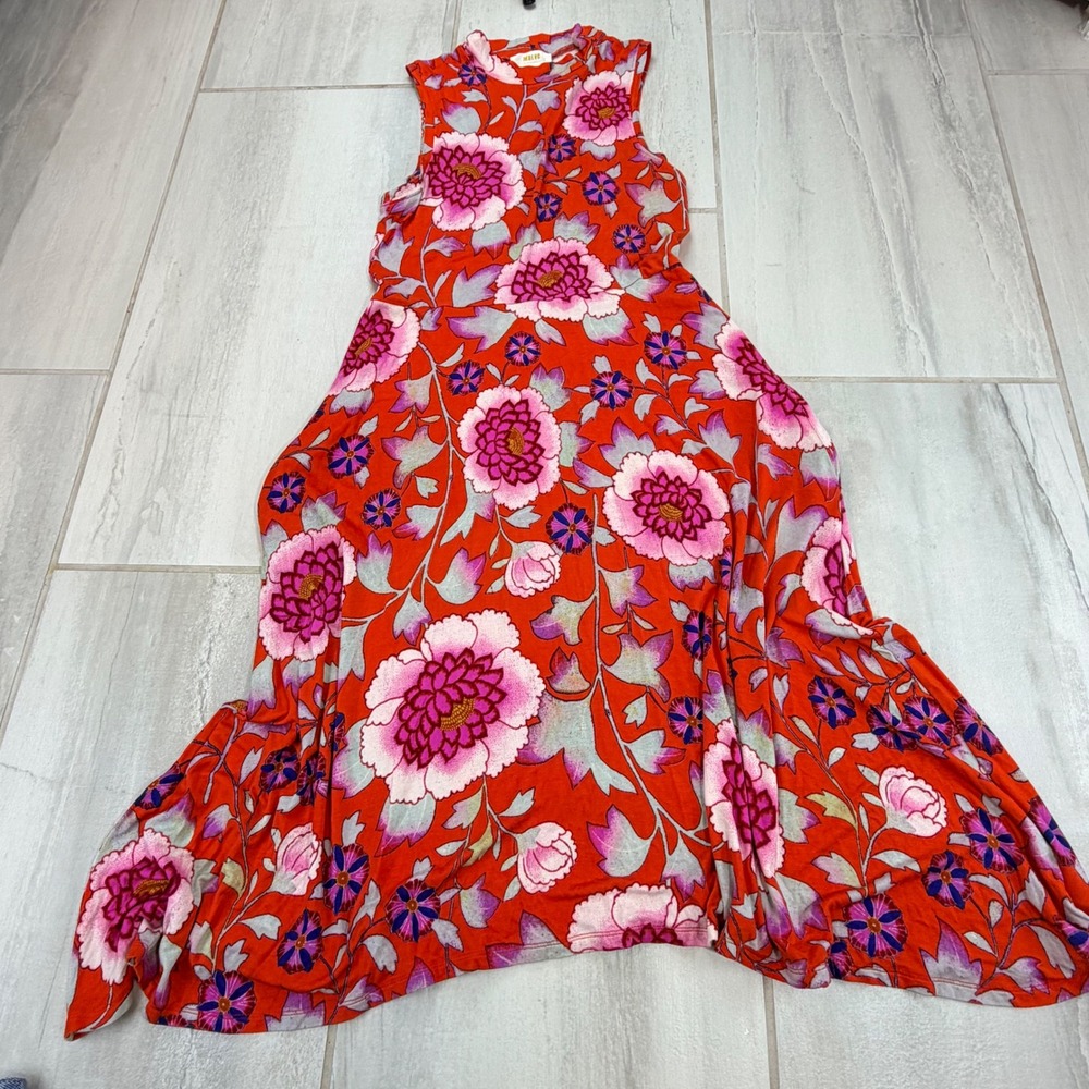 Maeve by Anthropologie Orange Floral Handkerchief Hem Mock Neck Midi Dress Small